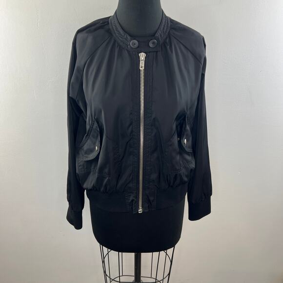 FREE PEOPLE Black Satin Long Sleeve Full Zip Midnight Bomber Jacket Size M - Picture 2 of 9